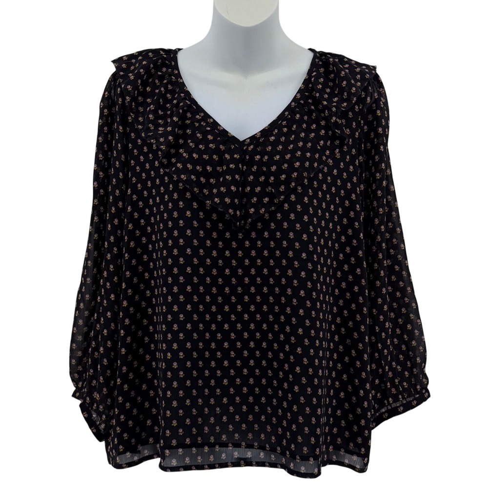 LOFT Floral Ruffle V-Neck Blouse Women Small Black Long Sleeve Chiffon Top